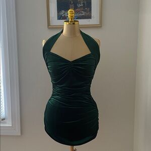 Akira Dark Green Velour Halter “Walk with Me” St. Patty’s Medium Dress